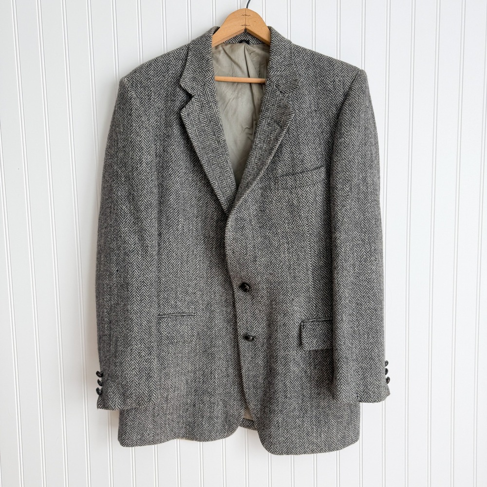 Harris Tweed vtg black white herringbone wool men's sport‎ coat jacket